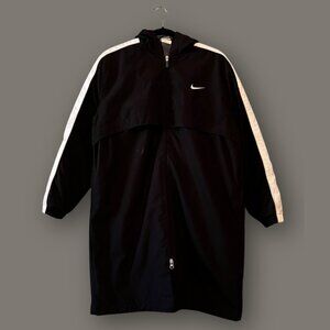 Nike Black Hooded Jacket Mens Large Long Full Zip Fleece Lined White Stripe